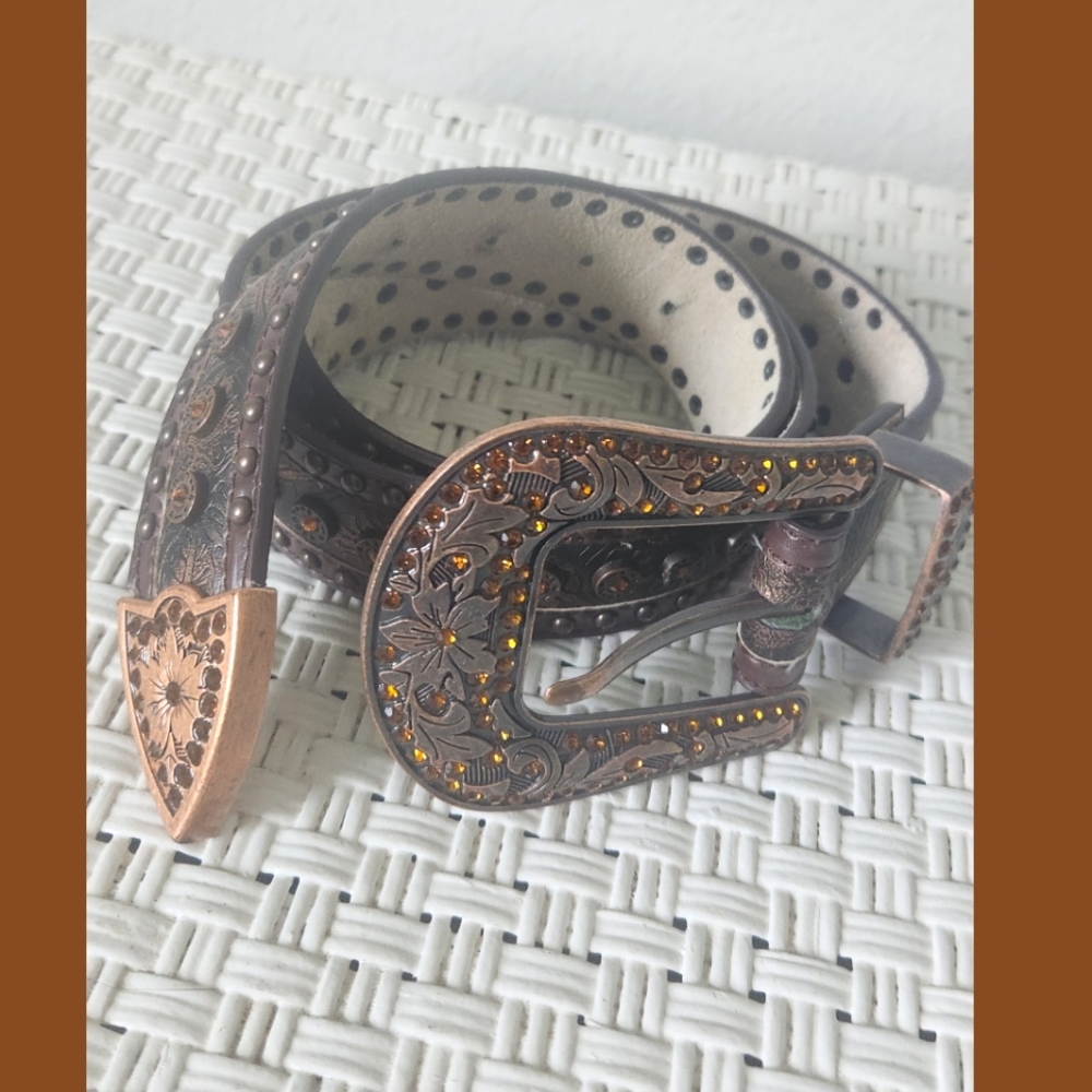 Rods Brown Leather Orange Studded Heavy Western Belt Sz Medium